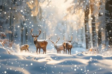 Noble deer family in winter snow forest. Artistic winter Christmas landscape. Winter wonderland. Noble deer family in winter snow forest. Artistic winter Christmas landscape. Winter wonderland