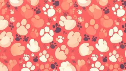 A cute and delightful 2d illustration of a dog paw pattern set against a coral colored backdrop perfect for wallpaper or unique designs featuring playful kitten and puppy footprint