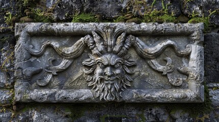 Blank mockup of a weathered stone sculpture plaque with a depiction of a mythical creature. .