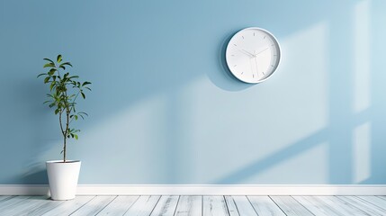 Ice blue wall with a solitary minimalist white clock