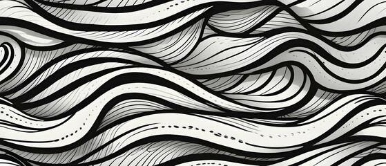 Fototapeta premium Wavy and swirled brush strokes seamless pattern. Seamless horizontal banner with doodle bold lines. Black and white wallpaper