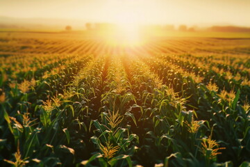 top view of corn field with sunset background, landscape, natural farm - 789772063