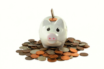 Piggy bank with coin,saving money,wealth,financial concept,Financial planning for the future, in white background