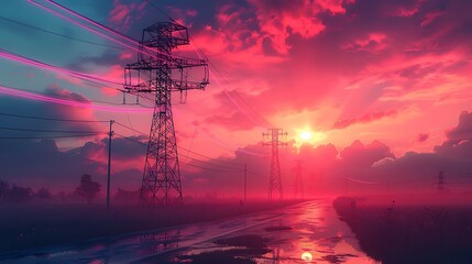 High voltage tower, high glued lines and lightning bolts in the sky. Energy concept. Glowing electric wires lightning with thunder in the background. Power line tower with sparks and flashlights - obrazy, fototapety, plakaty
