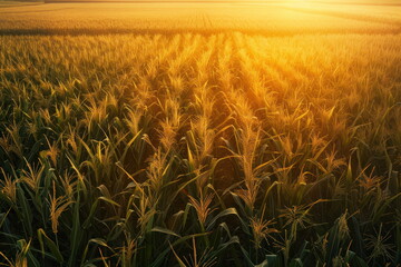 top view of corn field with sunset background, landscape, natural farm - 789772087