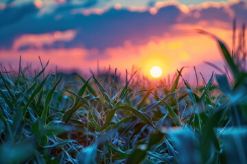 top view of corn field with sunset background, landscape, natural farm - 789772090
