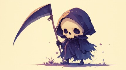 Illustration of a charming cartoon grim reaper wielding a scythe embodying the Halloween spirit of death