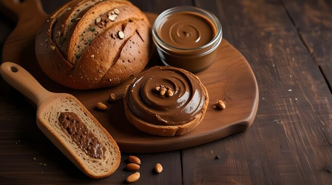 Chocolate nut butter toast on a wooden board. Tasty breakfast or lunch sandwich.generative.ai