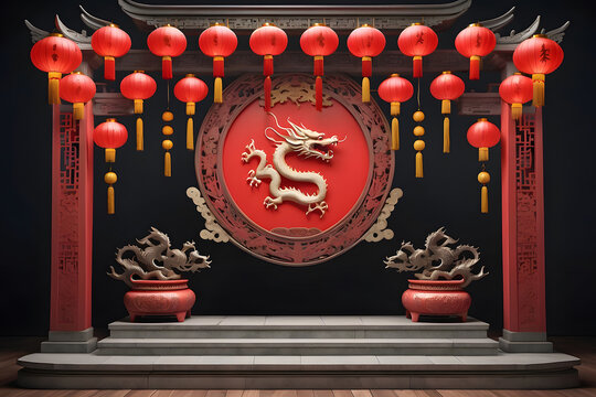 A Chinese podium with a picture of a dragon with a space in the middle decorated with hanging Chinese lanterns 