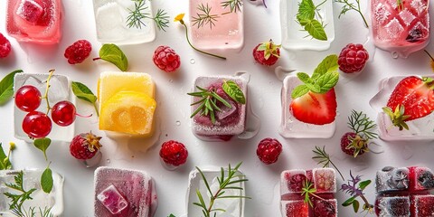 Close shot of an ice cube with various fruits inside of it with a big space for text or product advertisement perfect for summer refreshment items, Generative AI.