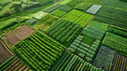 An aerial view of a vast farm filled with different types of plants. The fields are organized in a carefully planned grid allowing for efficient harvesting and processing of the plants. . - obrazy, fototapety, plakaty