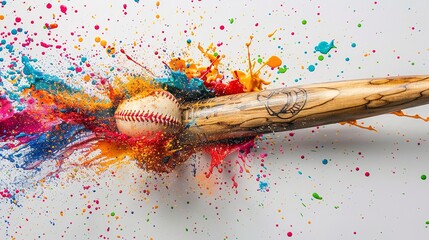 An oil art of a baseball bat hitting baseball in a clean white backdrop with a big space for text or sports type product, Generative AI. - obrazy, fototapety, plakaty