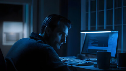 a man sits at a desk with a computer monitor and a blue light behind him