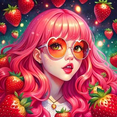 Fototapeta premium GIRLS with pink sunglass and strawberry in love