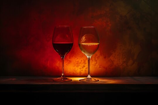 Red and white wine composition in mood lighting .