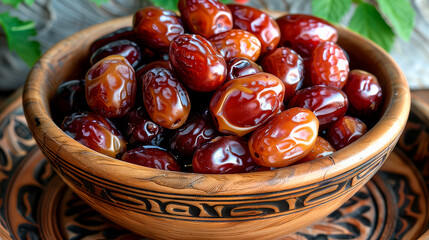 dates in a wooden bowl on the table