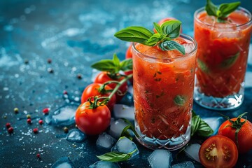 A bloody marry vodka tomato juice kept on a clean surface with other element like wooden tray and tomato for decoration with space for text, Generative AI.