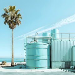 Obraz premium A water treatment facility by a beach 