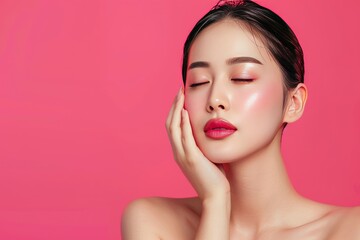 Young Asian beauty woman pulled back hair with korean makeup style touch her face and perfect skin on isolated pink background. Facial treatment, Cosmetology, plastic surgery - generative ai - obrazy, fototapety, plakaty