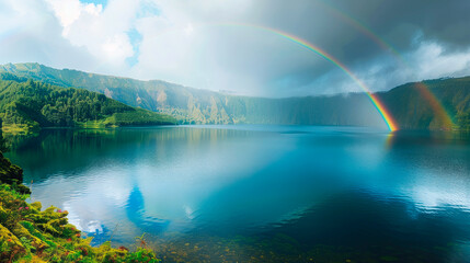 rainbow over a lake in the Azores