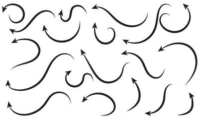 Super set different shape hand drawn arrows. Doodle style curved and squiggly arrows. Illustrations for Web or polygraphy Design.