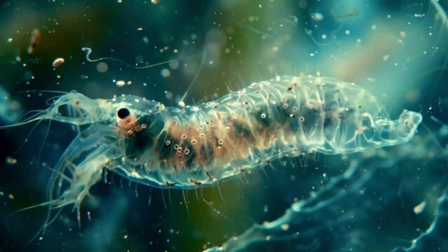 A closeup of a planktonic larvae its transparent body revealing its delicate internal structures as it floats a the swirling currents . AI generation.