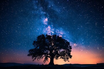 Silhouette of Tree with natural landscape and Milky Way galaxy. Night sky with stars and planet Mars. Long exposure photography. Summer astrophotography. .