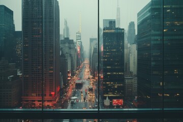 A breathtaking view of the city below, as seen through the glass of a skyscraper - obrazy, fototapety, plakaty