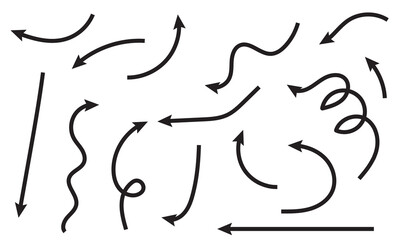 Super set different shape hand drawn arrows. Doodle style curved and squiggly arrows. Illustrations for Web or polygraphy Design.