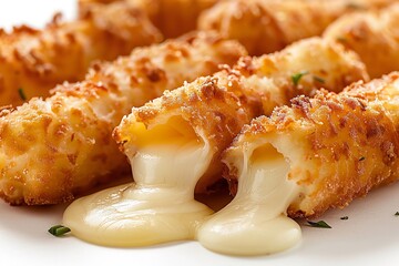 A handful crunchy breaded and deep-fried cheese sticks coupled with hot, melted cheese passing through over a white setting and space, Generative AI. - obrazy, fototapety, plakaty