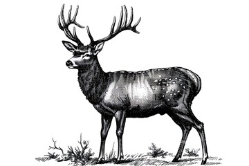 Standing deer black and white vector illustration .