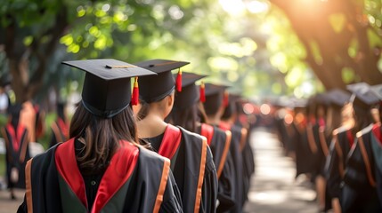 University graduates in graduation gowns and caps from behind during the commencement day.