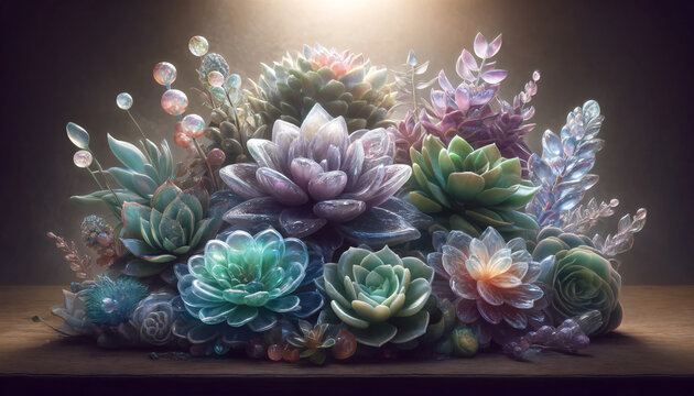 a fairy tale style, depicting a collection of succulents as if they were made of crystal