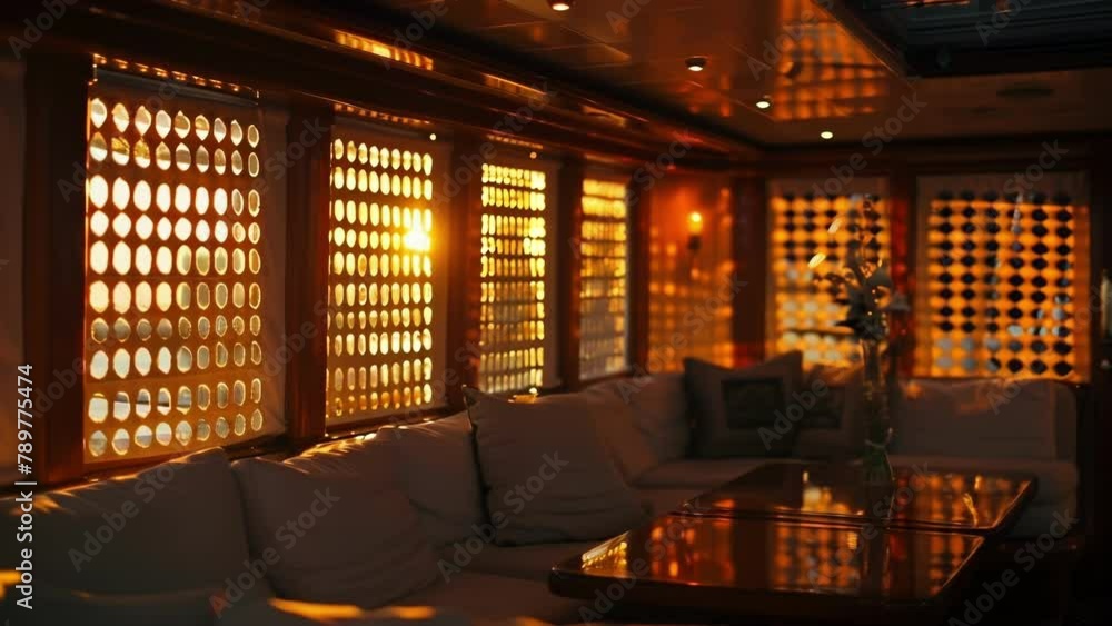 Aufkleber a serene view of a yacht cabin at dusk with the setting sun casting a soft orange light through the 