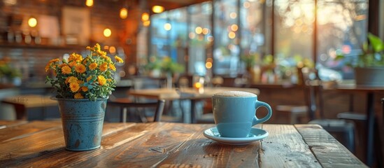 A warm cup filled with aromatic coffee resting on a wooden table in a cozy restaurant setting
