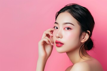 Young Asian beauty woman pulled back hair with korean makeup style touch her face and perfect skin on isolated pink background. Facial treatment, Cosmetology, plastic surgery - generative ai - obrazy, fototapety, plakaty