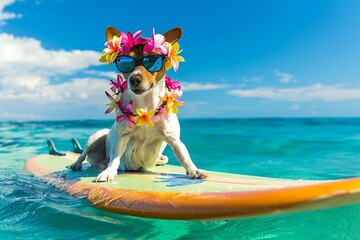 Surfing dog. Dog surfing on a surfboard wearing a flower chain and sunglasses, at the ocean shore .