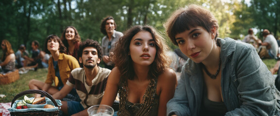 a young adult woman is happy and content, hippie relax look, smiling facial expression, outdoors with large group or friends, summer temperatures, fictional location