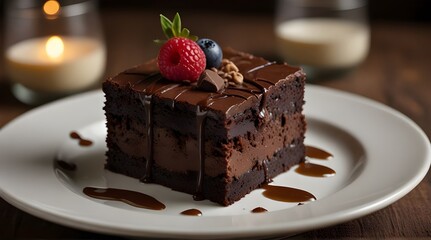 rich dark cocolate brownie cake desert with freeze dried raspsberries.generative.ai