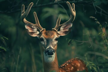 The look of the deer. By a forest appears a male deer looking at me before running off . - obrazy, fototapety, plakaty