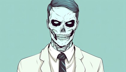 Fototapeta premium A digital painting of a skeleton wearing a suit and tie with a smug expression on its face.