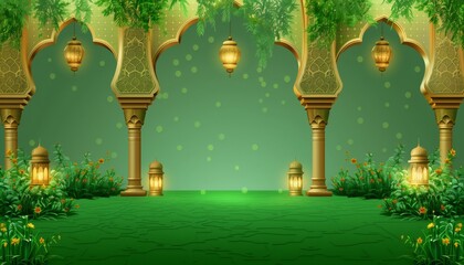 illustration of green background with golden Islamic arches and lanterns, ramadan concept