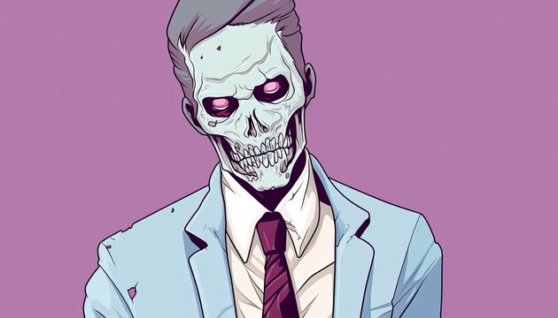 A headshot of a male zombie wearing a suit and tie. The zombie's face is mostly decomposed, exposing its skull. Its eyes are glowing pink.