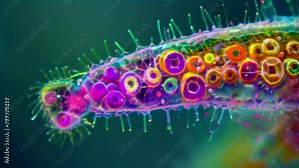 Poster a closeup view of a single dazzlingly colorful plankton its body woven with intricate neon patterns 