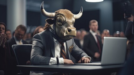 A man wearing a bull mask is sitting at a desk in a conference room. He is looking at his laptop. There are people sitting in the audience. - obrazy, fototapety, plakaty