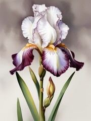 Gorgeous white and purple Iris flower  watercolor painting on light background