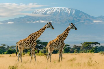 Three giraffe in National park of Kenya. Three giraffe on Kilimanjaro mount background - obrazy, fototapety, plakaty
