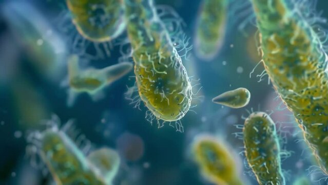 This microscopic image reveals the minuscule but important role played by microorganisms such as protozoa and bacteria in breaking . AI generation.