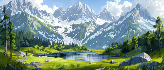 Mountains landscape with blue sky  - obrazy, fototapety, plakaty