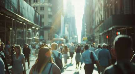 Obraz premium Back, walking and together on street in urban city, businesspeople and commute in Tokyo Japan. Pedestrian, journey and travelling to job and busy, daily life or white collar worker in outdoor town